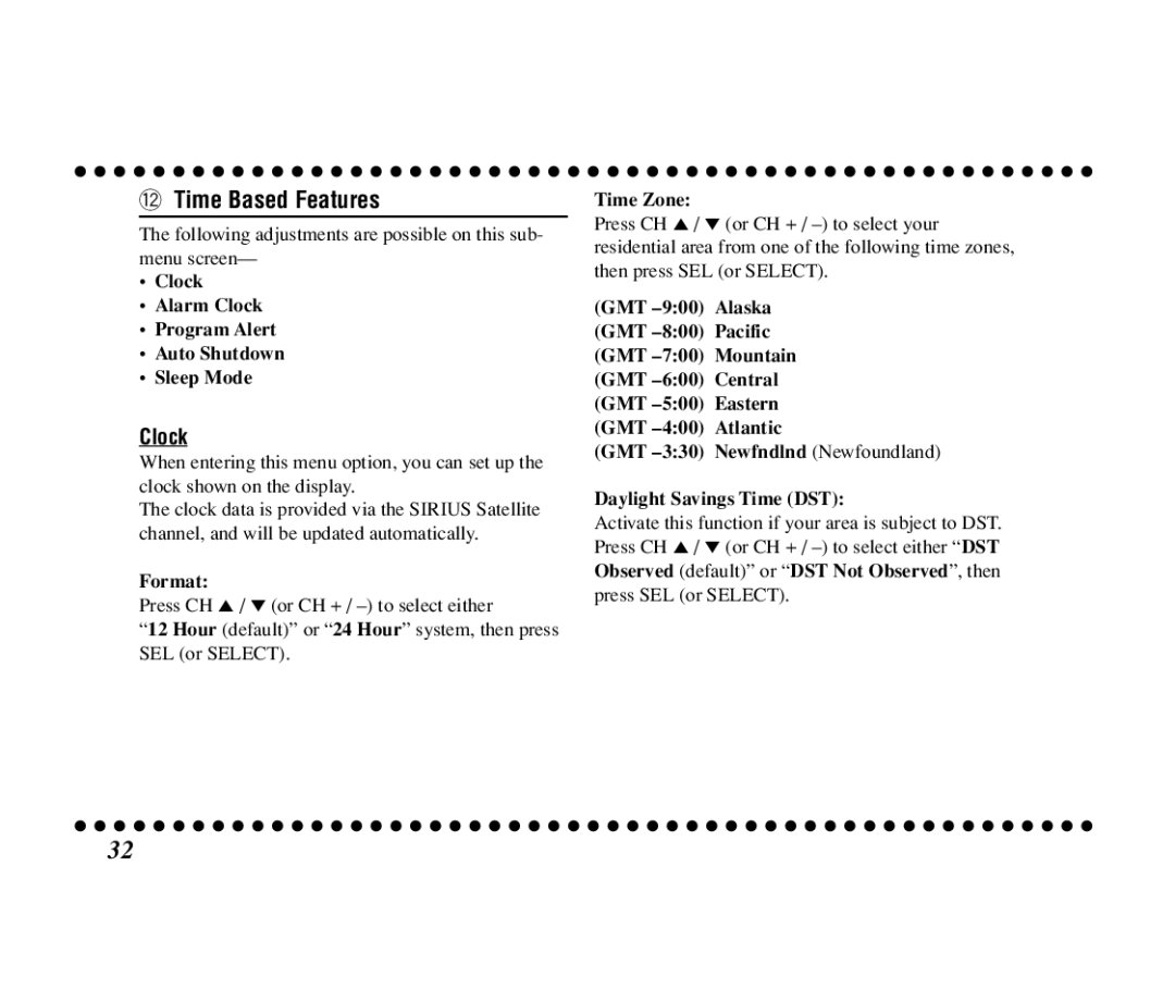 JVC KT-SR3000 manual = Time Based Features, Clock Alarm Clock Program Alert Auto Shutdown Sleep Mode, Format, Time Zone 