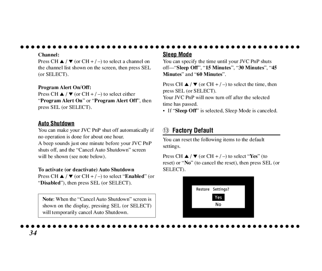 JVC KT-SR3000 manual ~ Factory Default, Sleep Mode, Auto Shutdown 