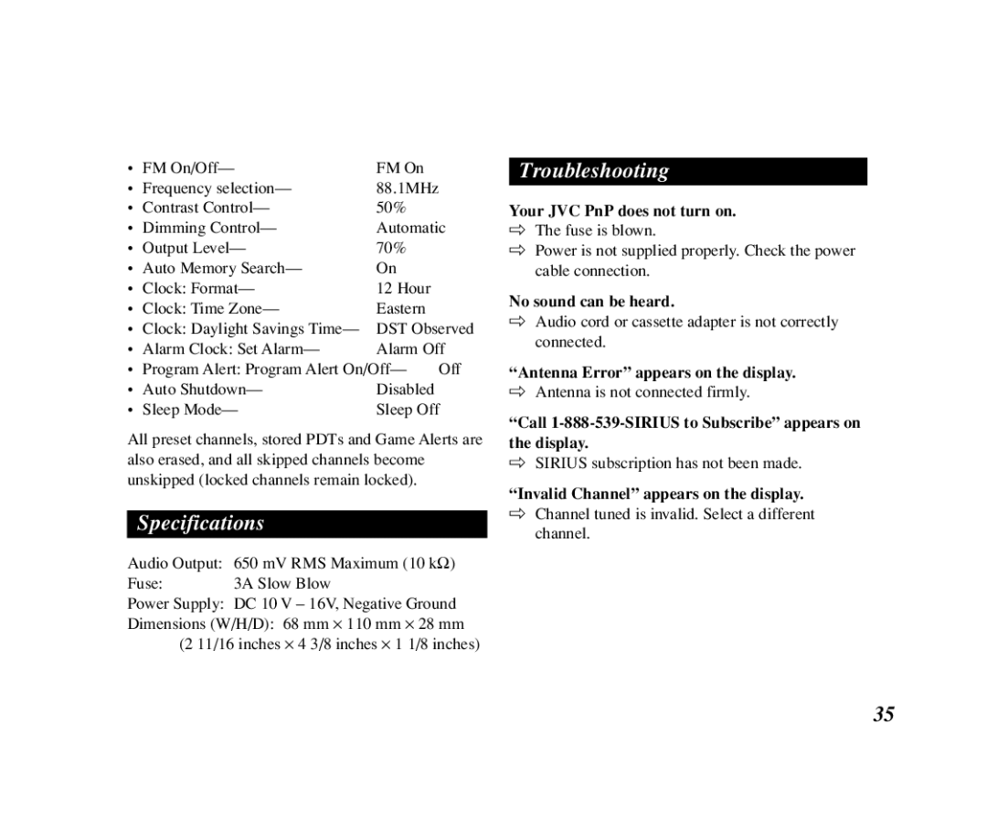 JVC KT-SR3000 manual Specifications, Troubleshooting 