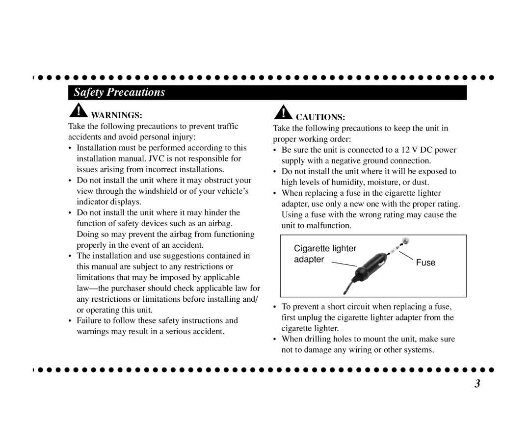 JVC KT-SR3000 manual Cigarette lighter AdapterFuse 