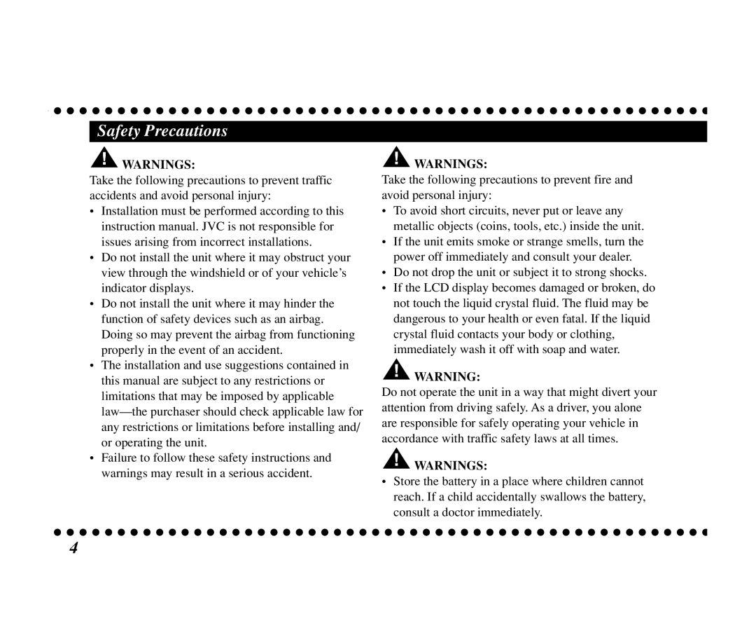 JVC KT-SR3000 manual Safety Precautions 