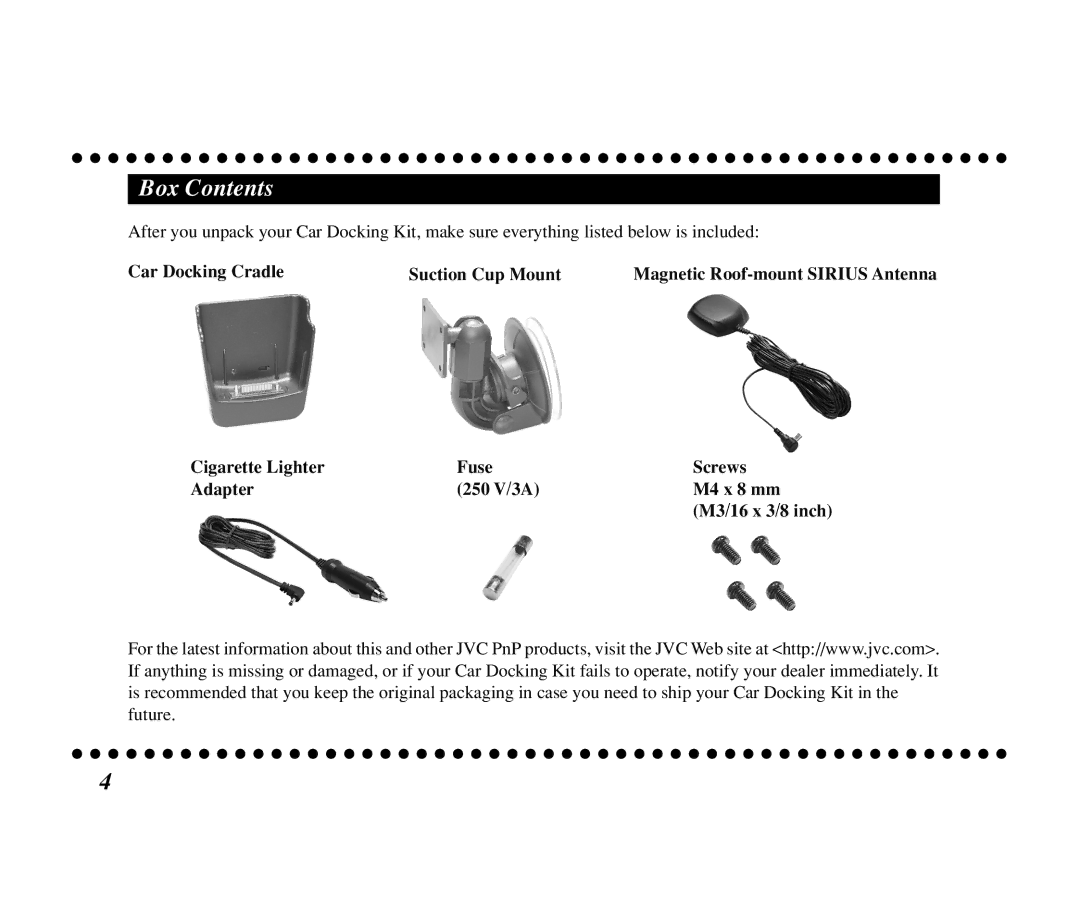 JVC KT-SR3000 manual Box Contents, Car Docking Cradle Suction Cup Mount 