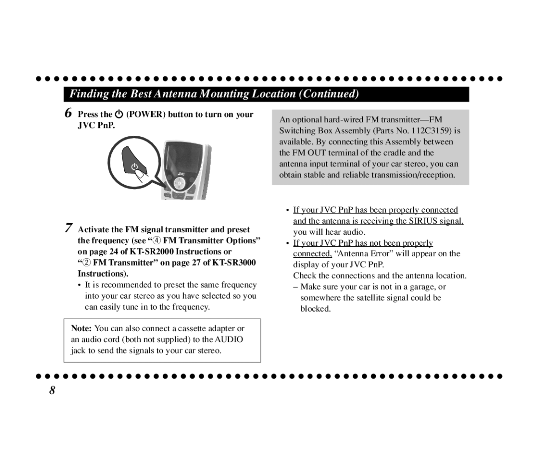 JVC KT-SR3000 manual Finding the Best Antenna Mounting Location, Press Power button to turn on your, JVC PnP 