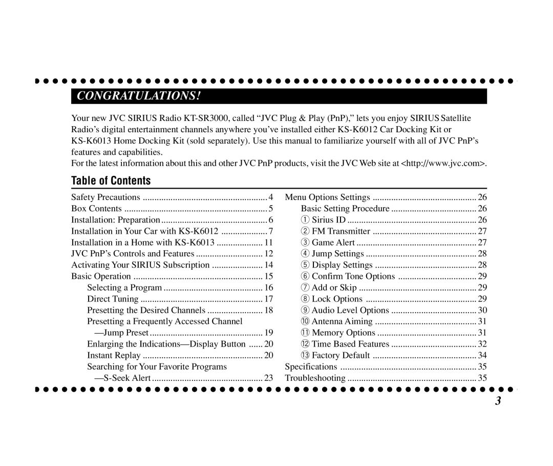 JVC KT-SR3000 manual Congratulations, Table of Contents 