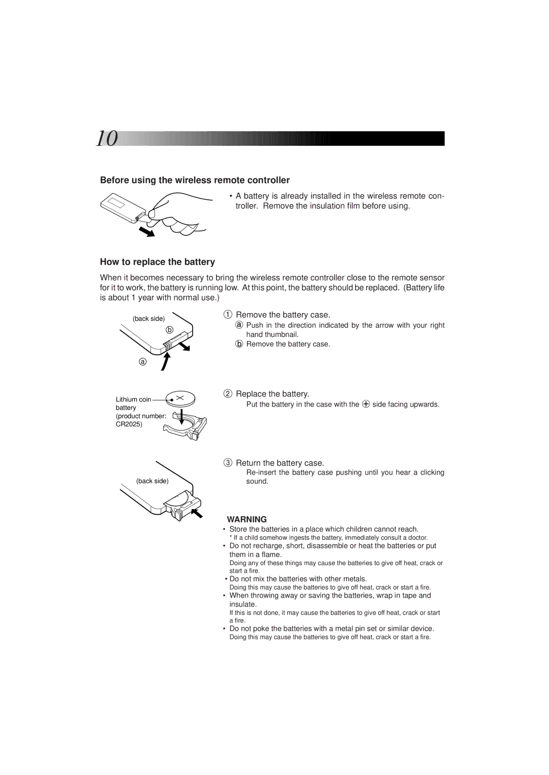 JVC KV-C1 manual Before using the wireless remote controller, How to replace the battery, Remove the battery case 