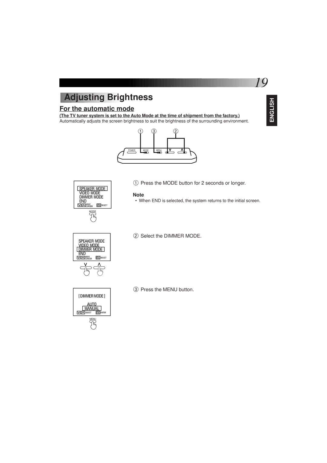 JVC KV-C1 manual Adjusting Brightness, For the automatic mode, Select the Dimmer Mode Press the Menu button 