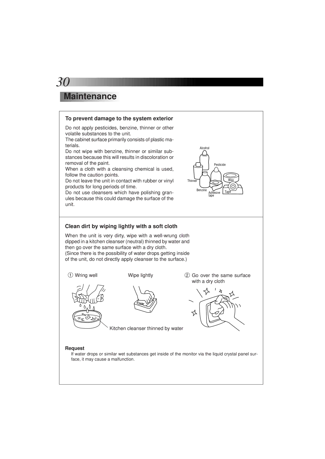 JVC KV-C1 manual Maintenance, To prevent damage to the system exterior, Clean dirt by wiping lightly with a soft cloth 