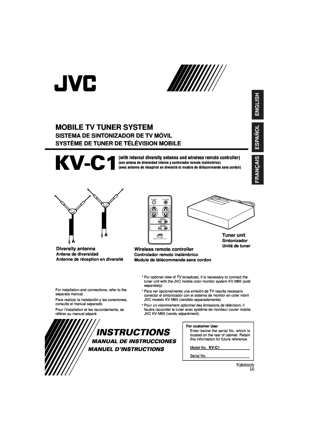 JVC KV-C1 manual Français Español English, Tuner unit, Diversity antenna, Wireless remote controller, Instructions 