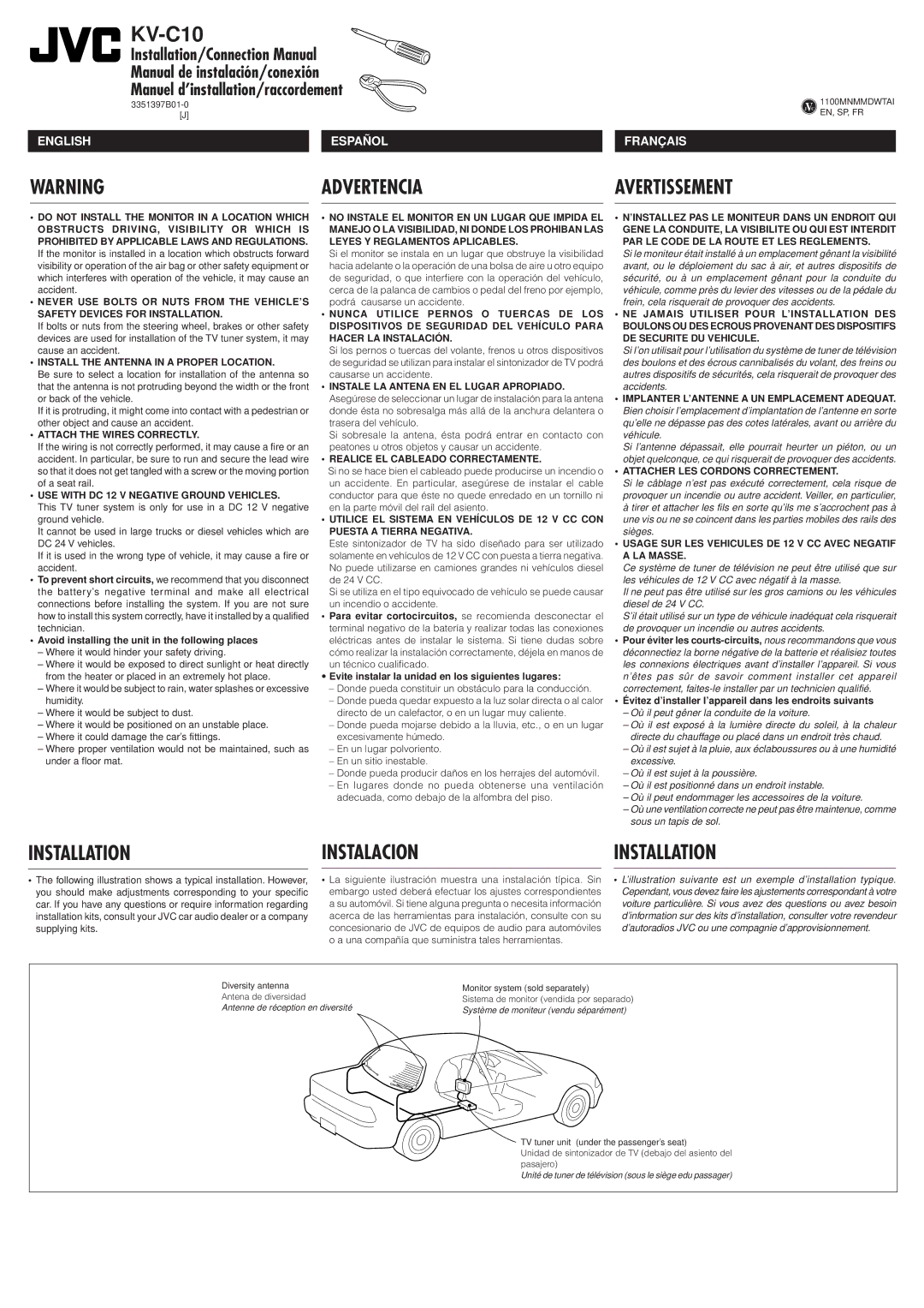 JVC KV-C10 manual Advertencia Avertissement, Installation 