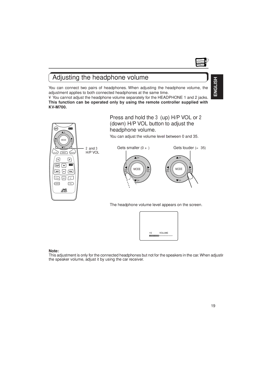 JVC KV-C10 manual Adjusting the headphone volume, Gets smaller 0 + Gets louder = 