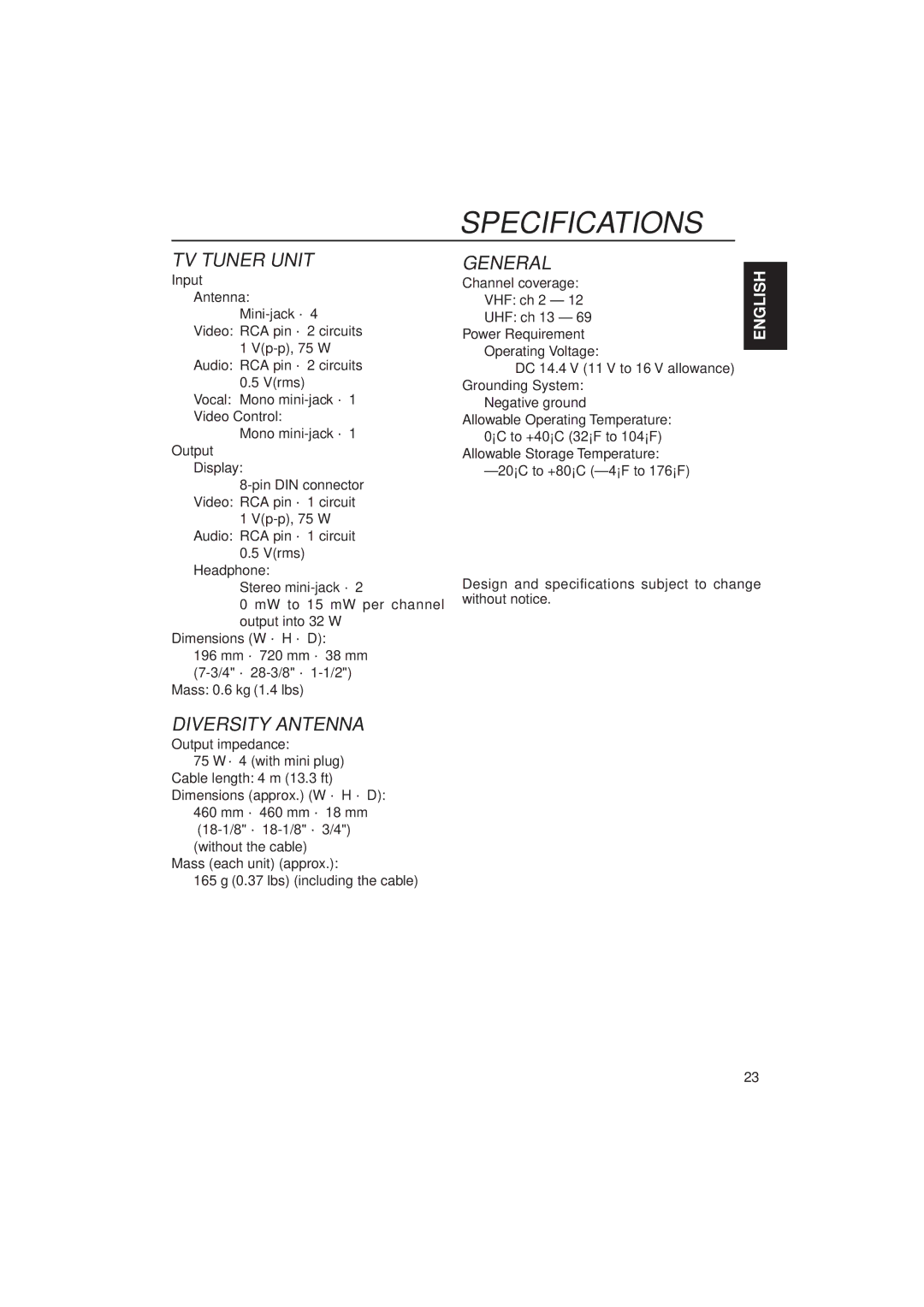 JVC KV-C10 manual Specifications, TV Tuner Unit 