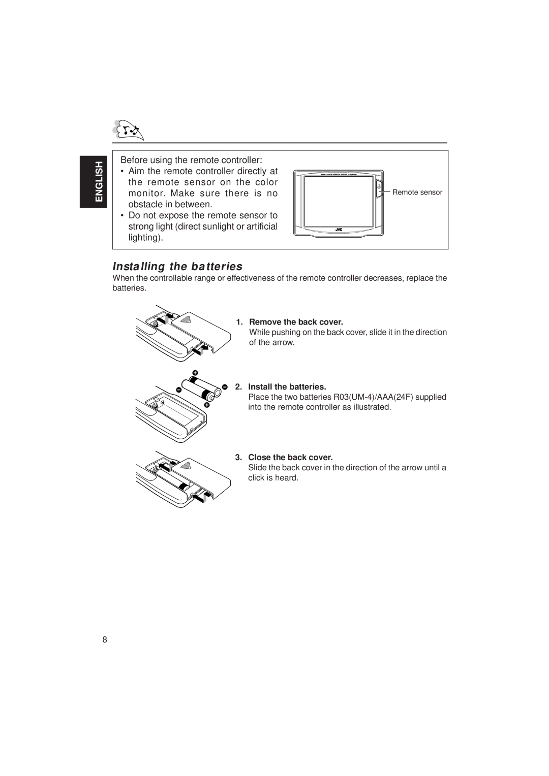 JVC KV-C10 manual Installing the batteries 