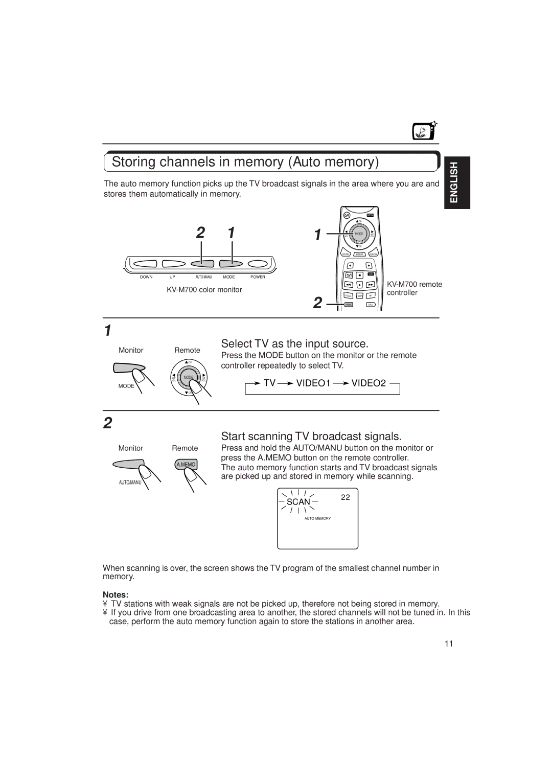 JVC KV-C10 manual Storing channels in memory Auto memory, Start scanning TV broadcast signals 