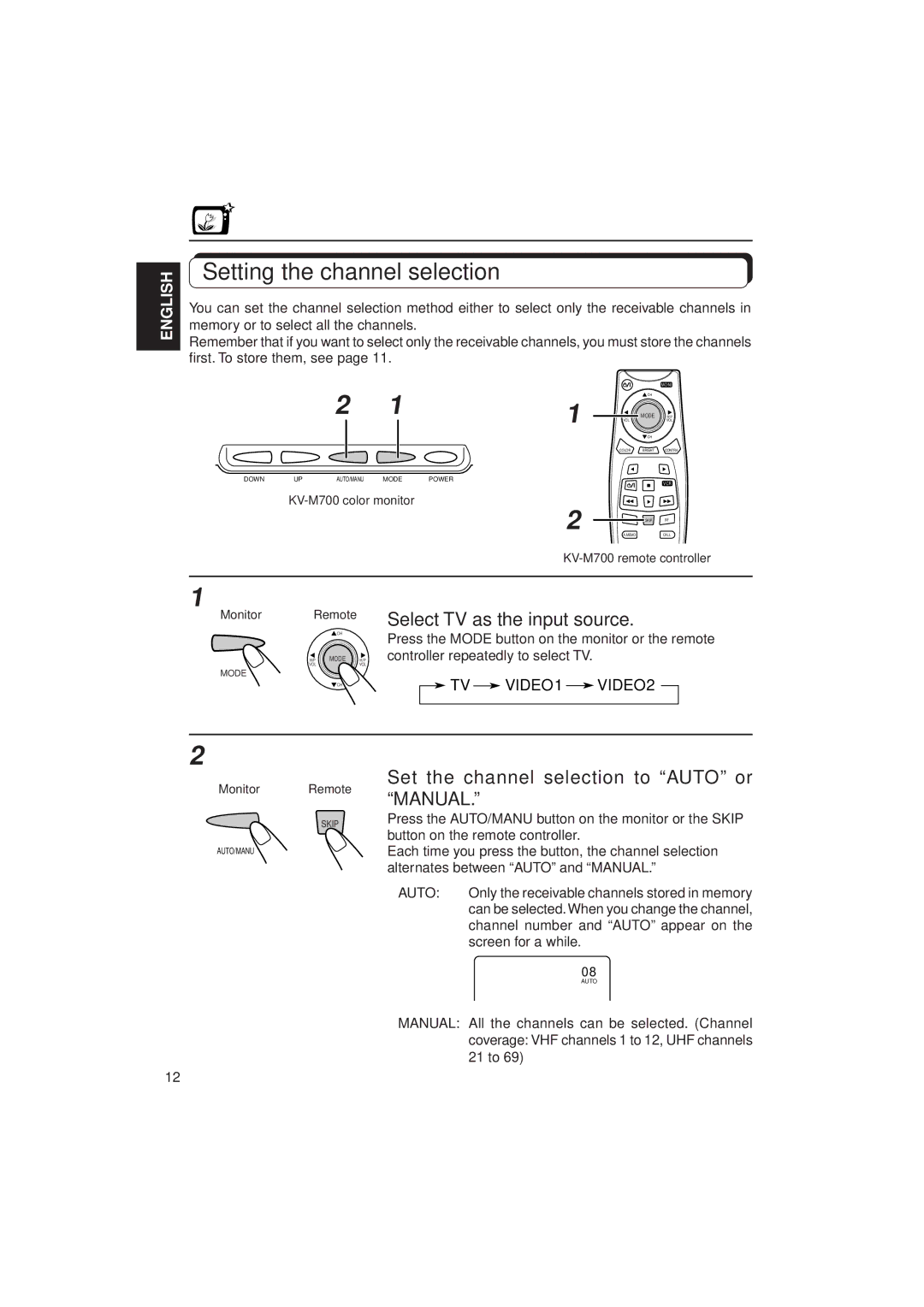 JVC KV-C10 Setting the channel selection, Set the channel selection to Auto or Manual, Controller repeatedly to select TV 