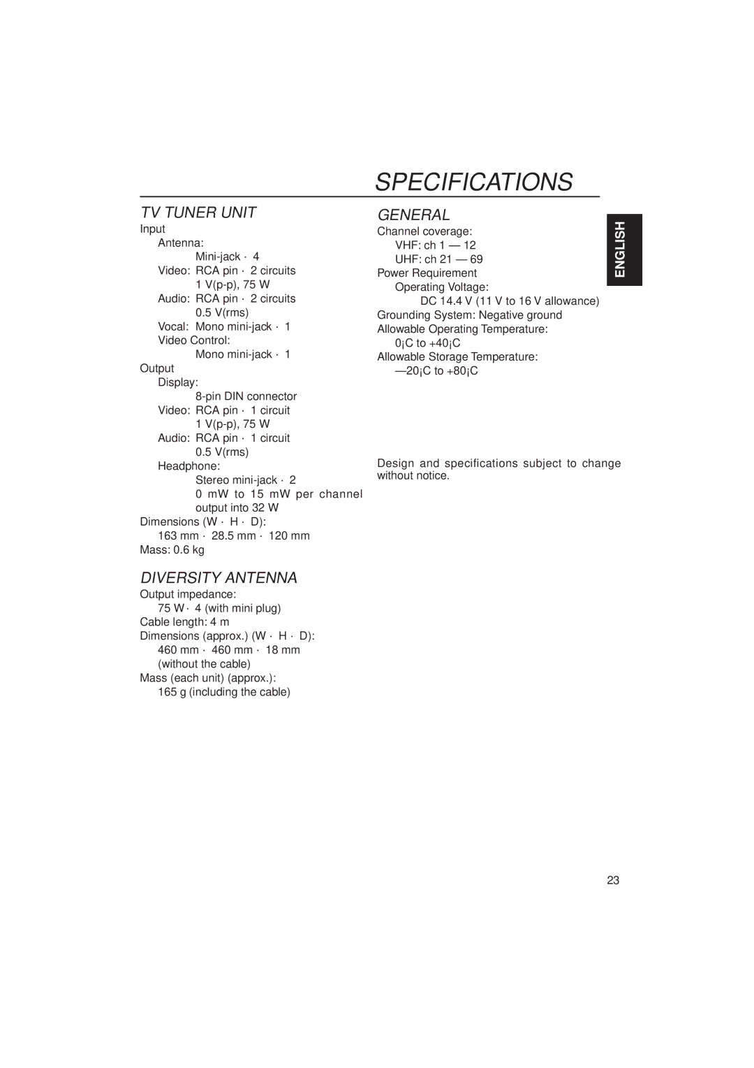 JVC KV-C10 manual Specifications, TV Tuner Unit 