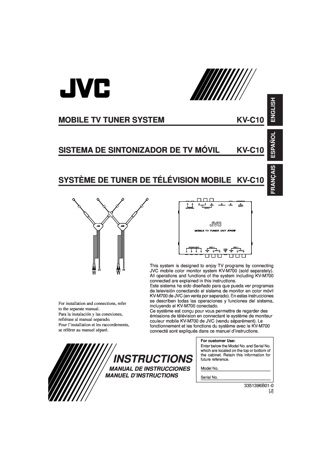 JVC KV-C10 manual Instructions, English, Français Español, Mobile Tv Tuner System, Sistema De Sintonizador De Tv Móvil 