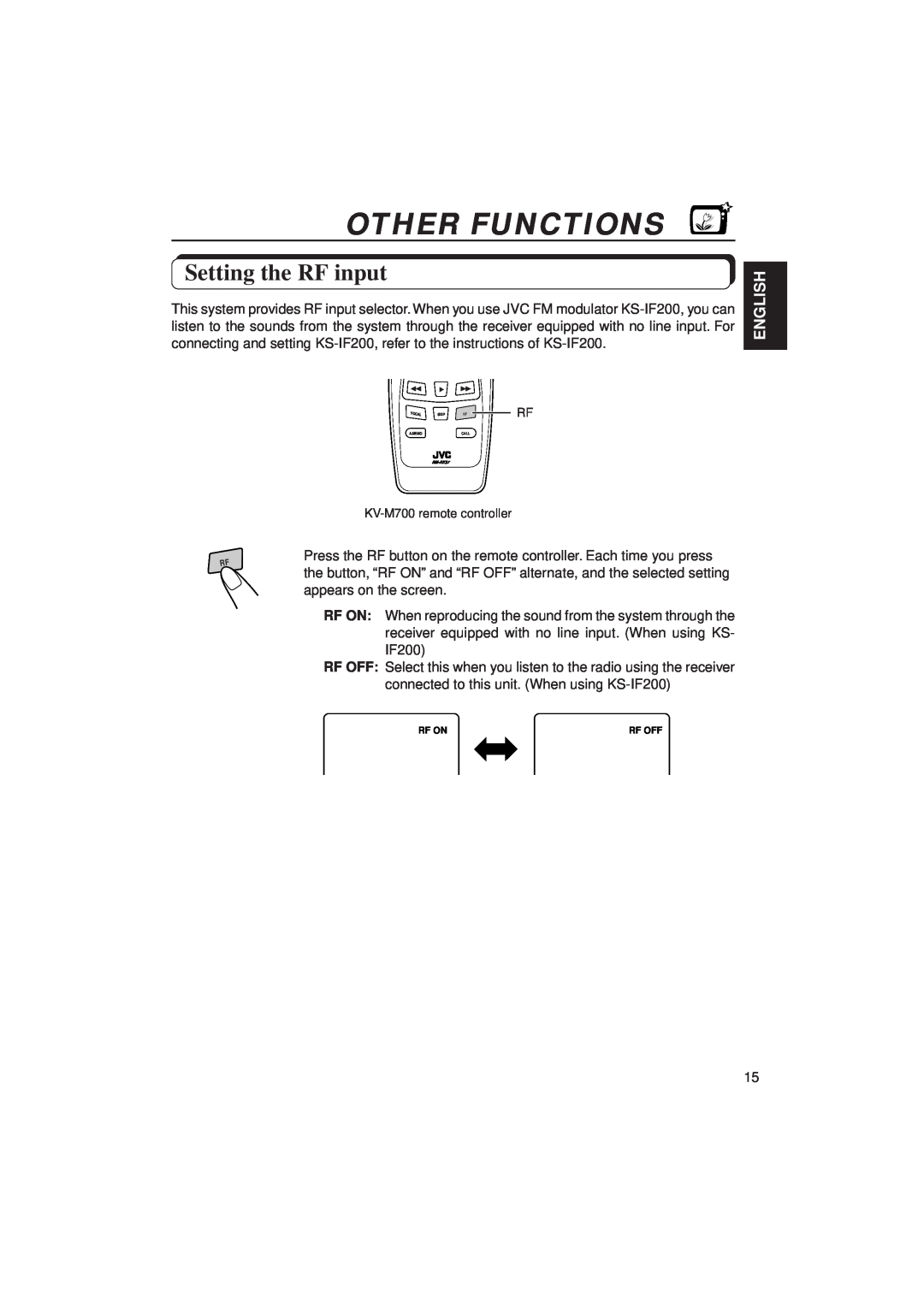 JVC KV-C10 manual Other Functions, Setting the RF input, English 