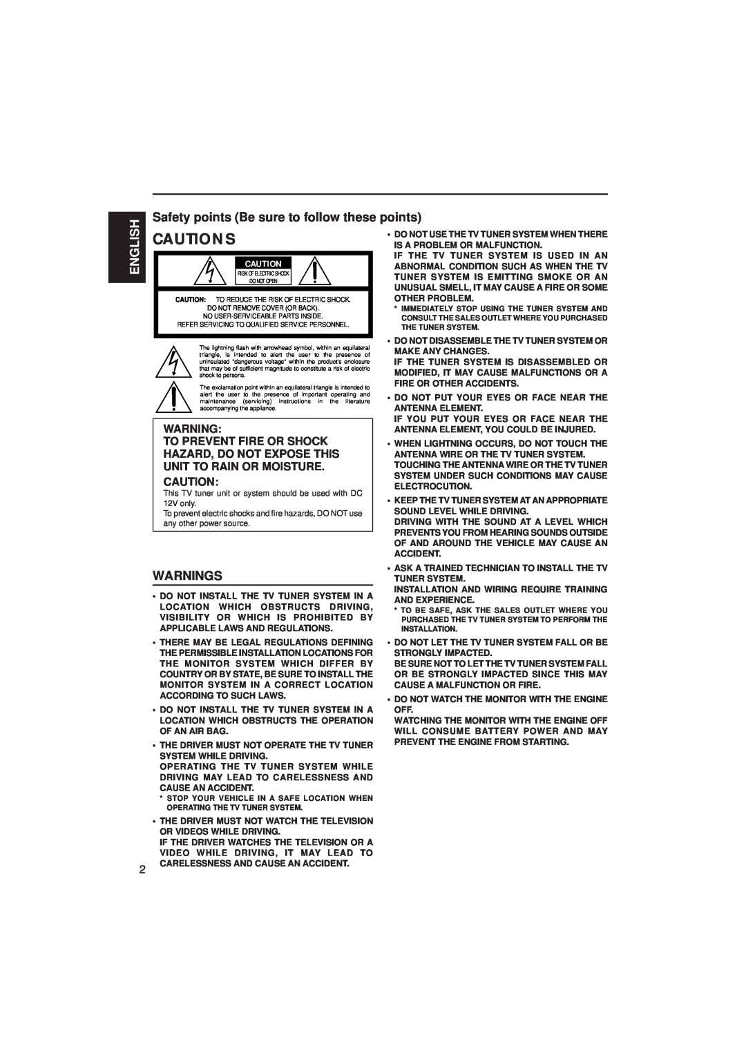 JVC KV-C10 manual Safety points Be sure to follow these points, Warnings, Cautions, English 