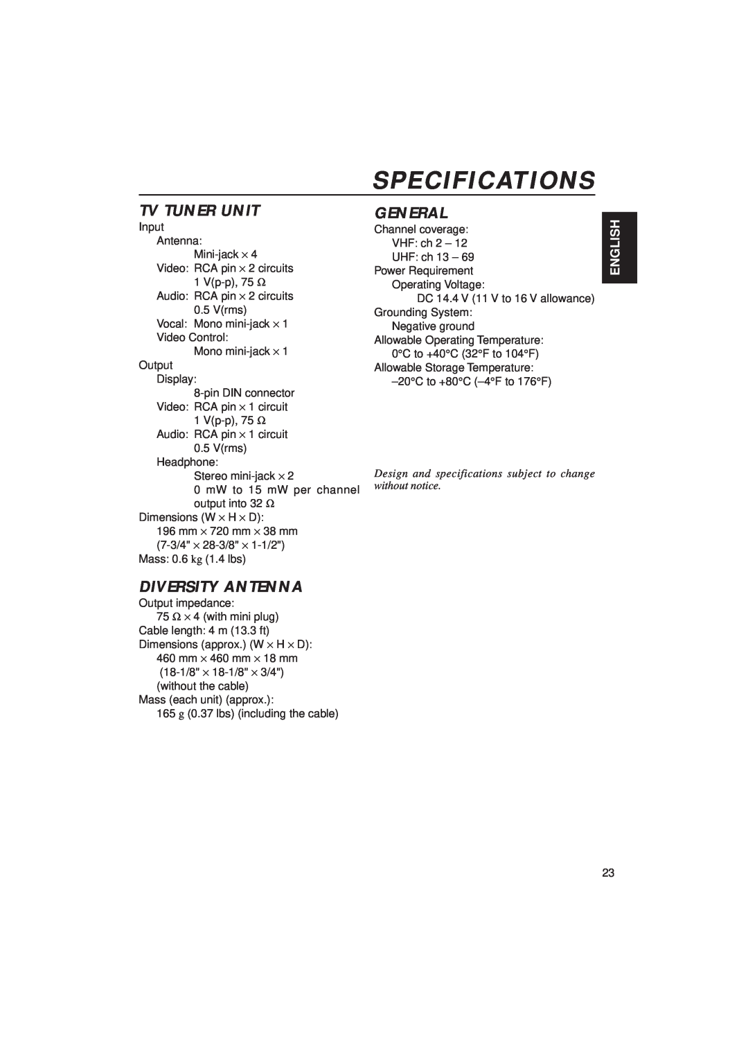 JVC KV-C10 manual Specifications, Tv Tuner Unit, General, Diversity Antenna, English 