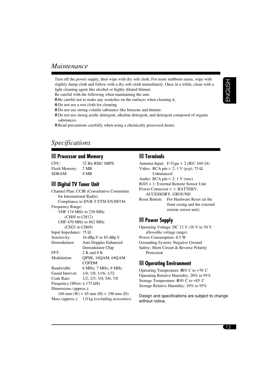 JVC KV-DT2000 manual Maintenance, Specifications 