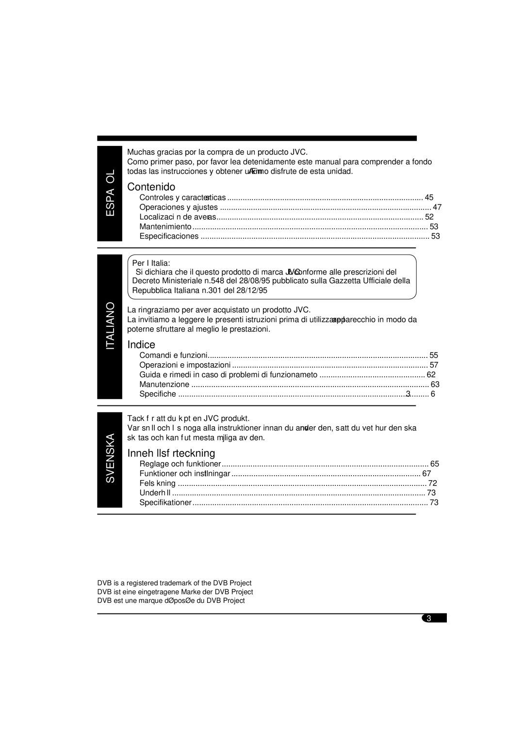 JVC KV-DT2000 manual Contenido, Indice, Innehållsförteckning 