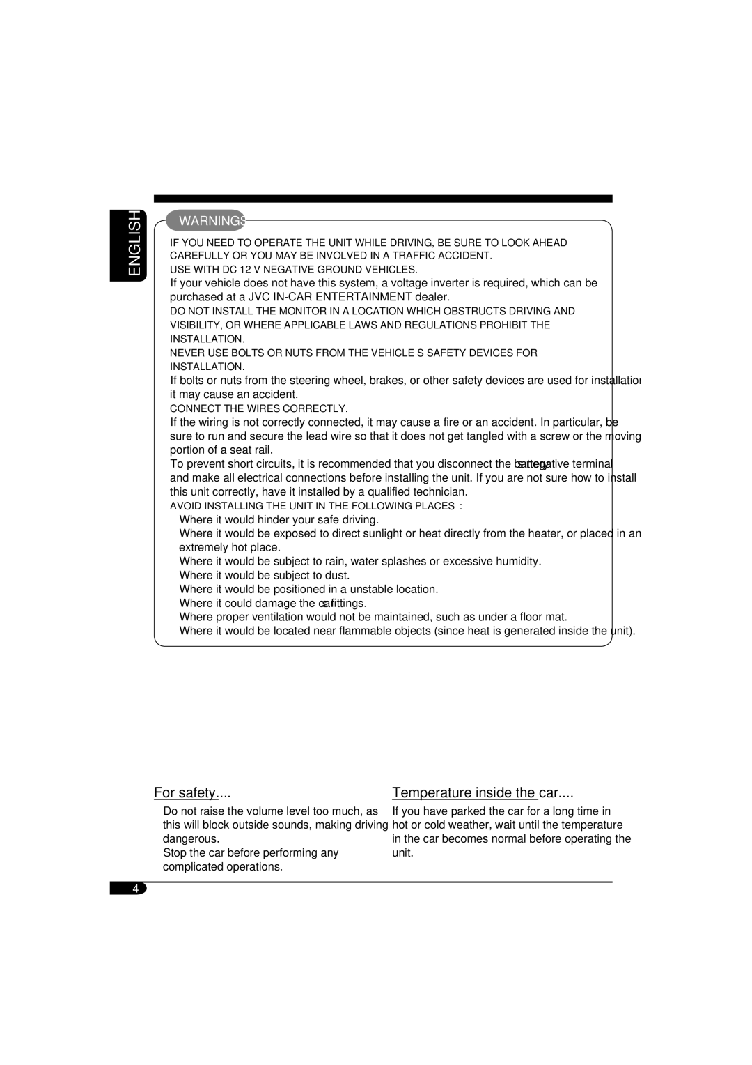 JVC KV-DT2000 manual For safety, Temperature inside the car 