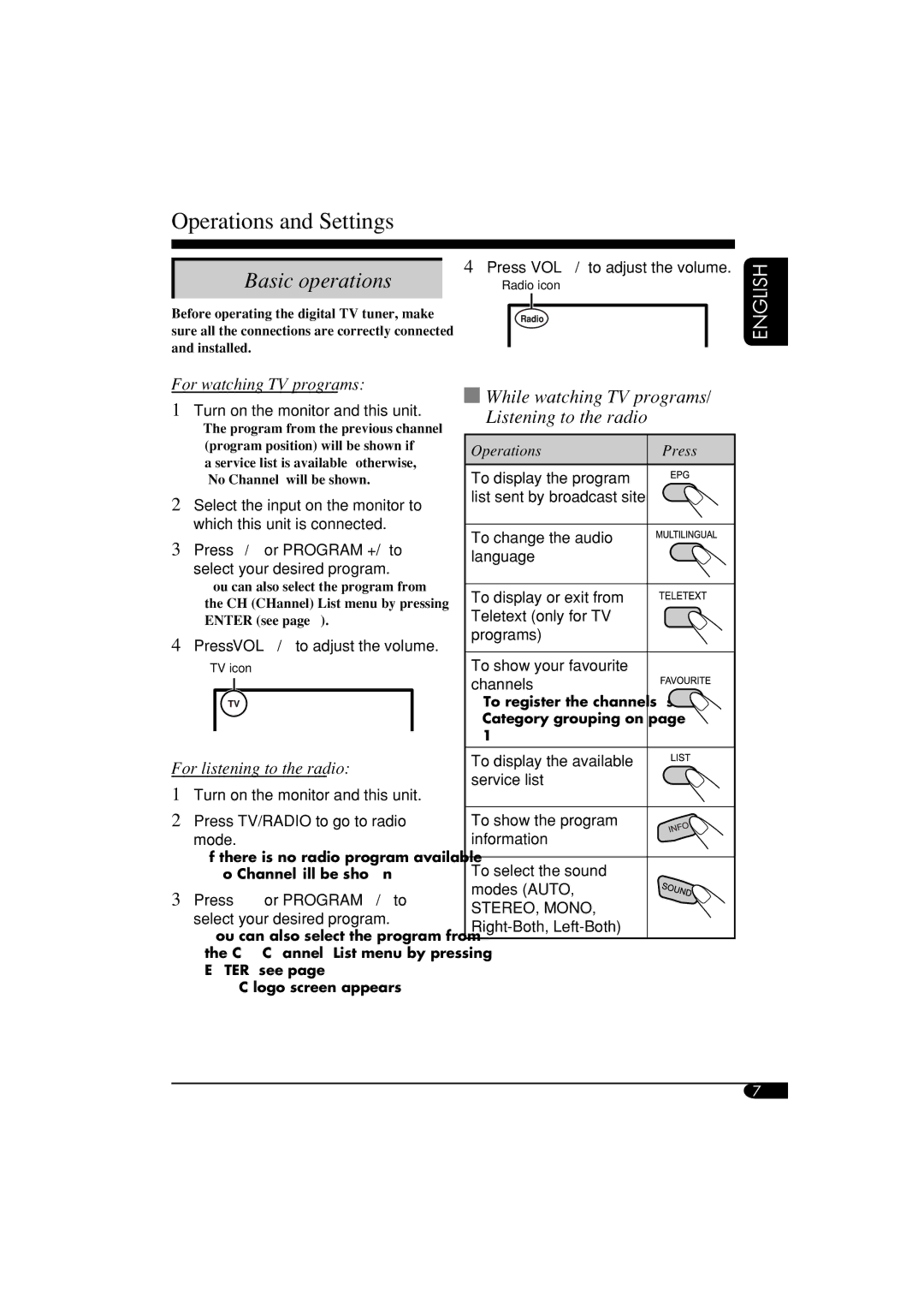 JVC KV-DT2000 manual Operations and Settings, For watching TV programs, For listening to the radio 