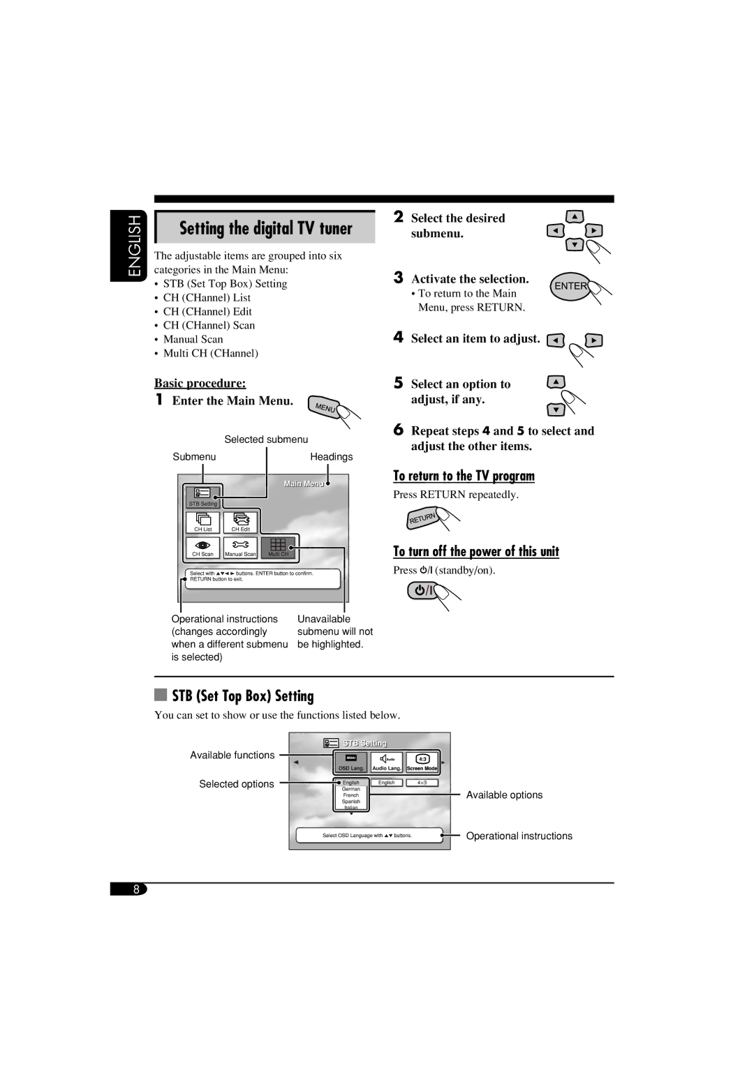 JVC KV-DT2000 manual STB Set Top Box Setting, To return to the TV program, To turn off the power of this unit 