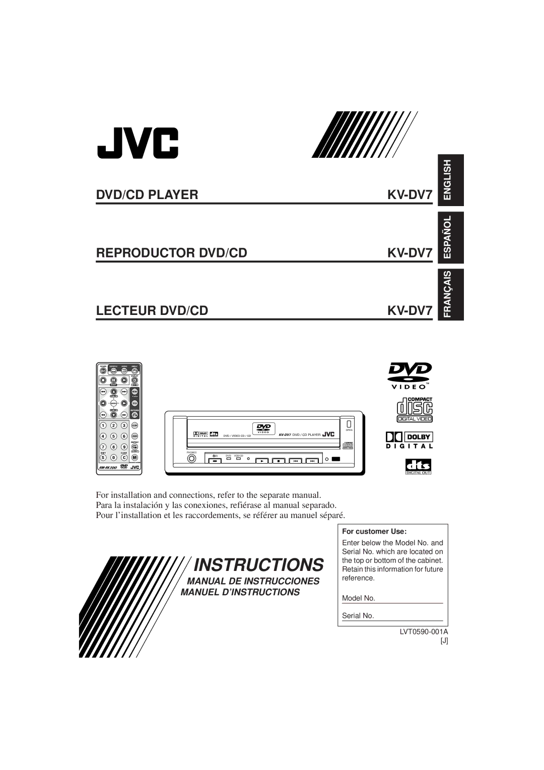 JVC manual DVD/CD Player Reproductor DVD/CD Lecteur DVD/CD KV-DV7, For customer Use 