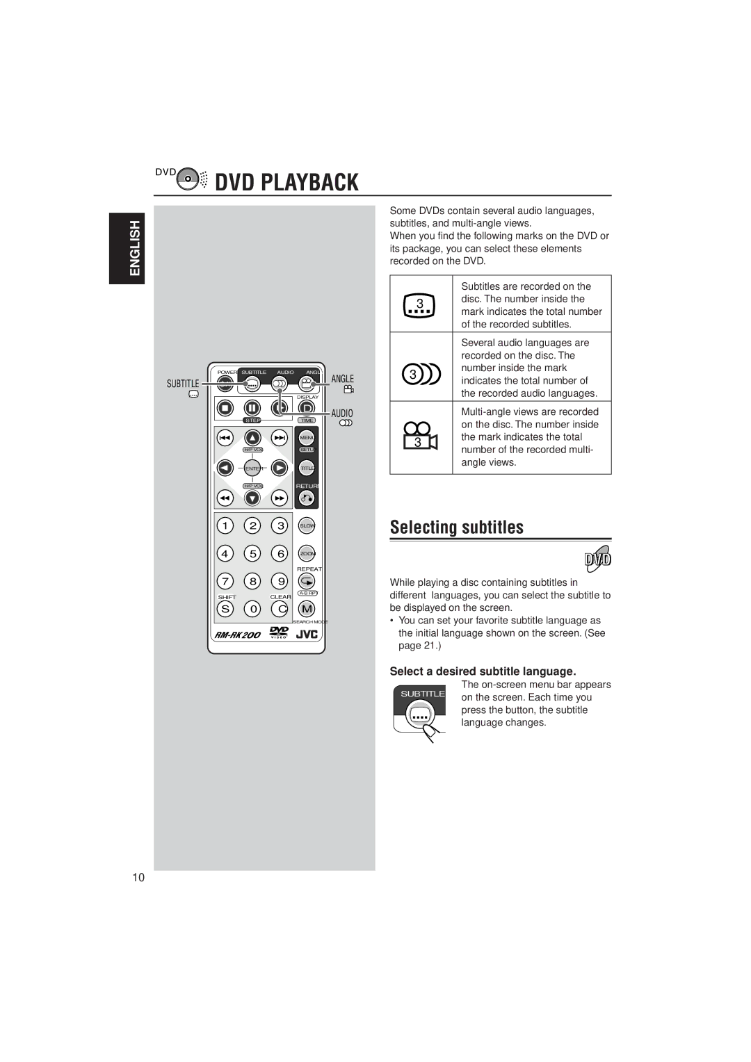 JVC KV-DV7 manual DVD Playback, Selecting subtitles, Select a desired subtitle language 