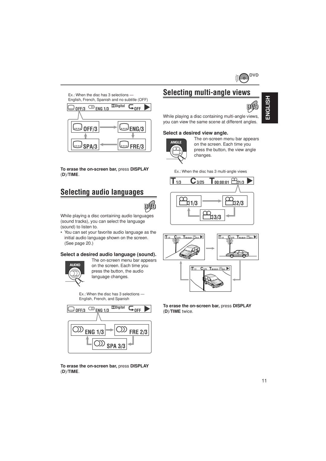 JVC KV-DV7 manual Selecting audio languages, Select a desired audio language sound, Select a desired view angle 