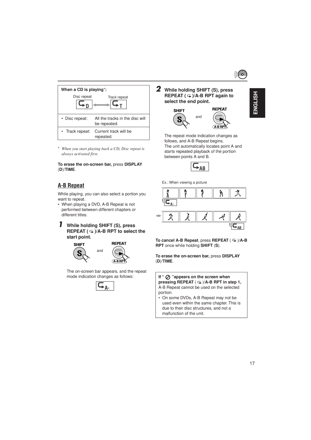 JVC KV-DV7 manual Repeat, When a CD is playing, Track repeat Current track will be repeated, RPT once while holding Shift S 