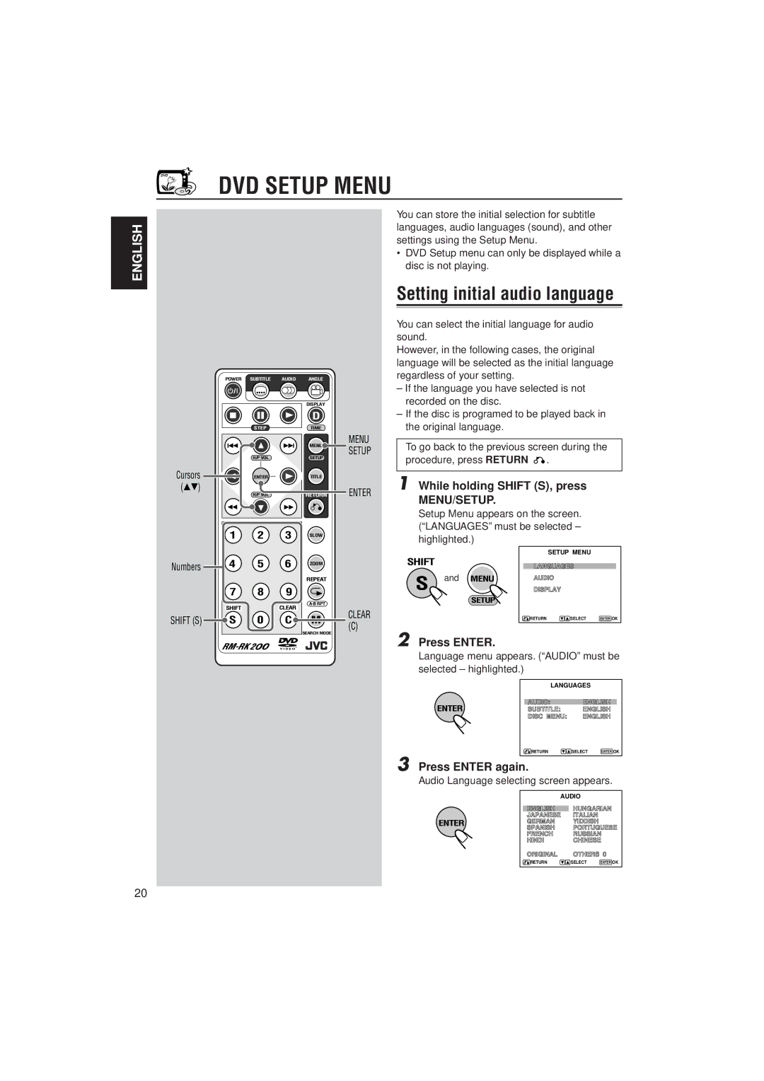 JVC KV-DV7 manual DVD Setup Menu, While holding Shift S, press, Press Enter again 