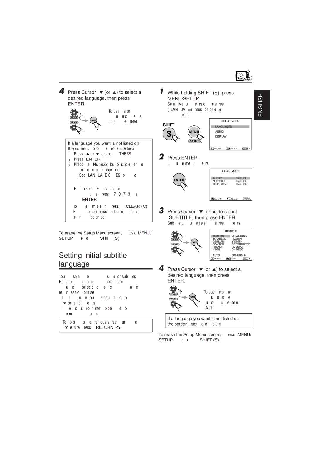 JVC KV-DV7 manual Setting initial subtitle language, Press Cursor or 5 to select a desired language, then press 