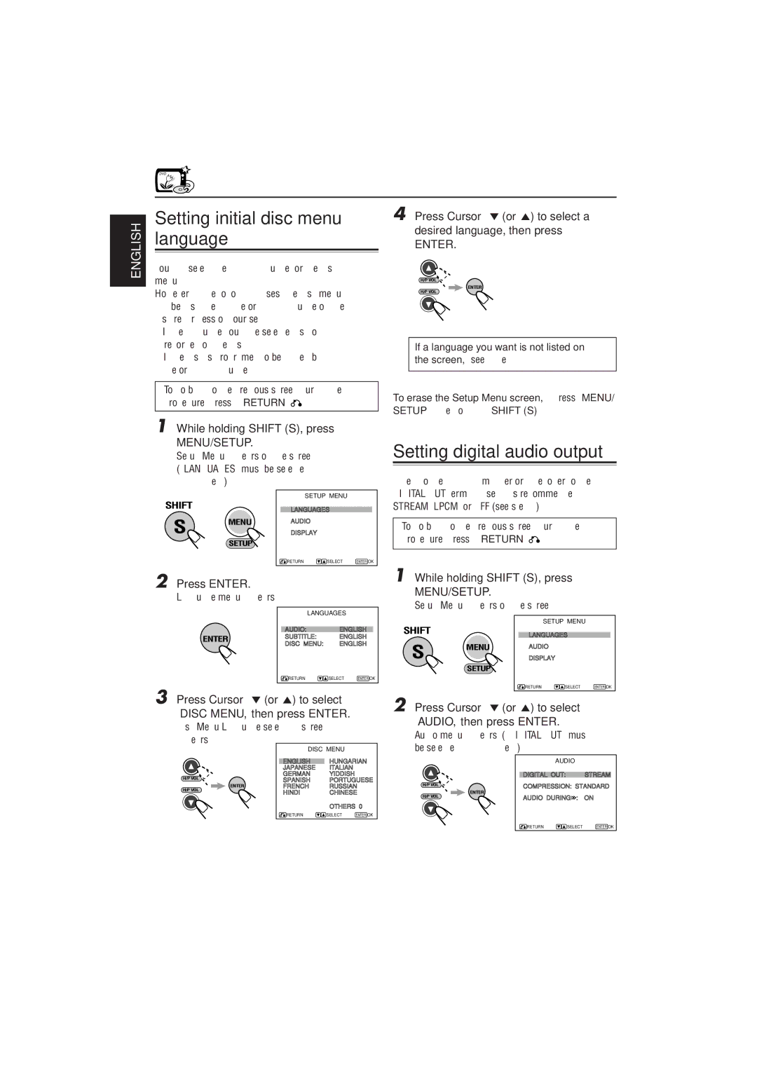 JVC KV-DV7 manual Setting initial disc menu language, Setting digital audio output, Appears 