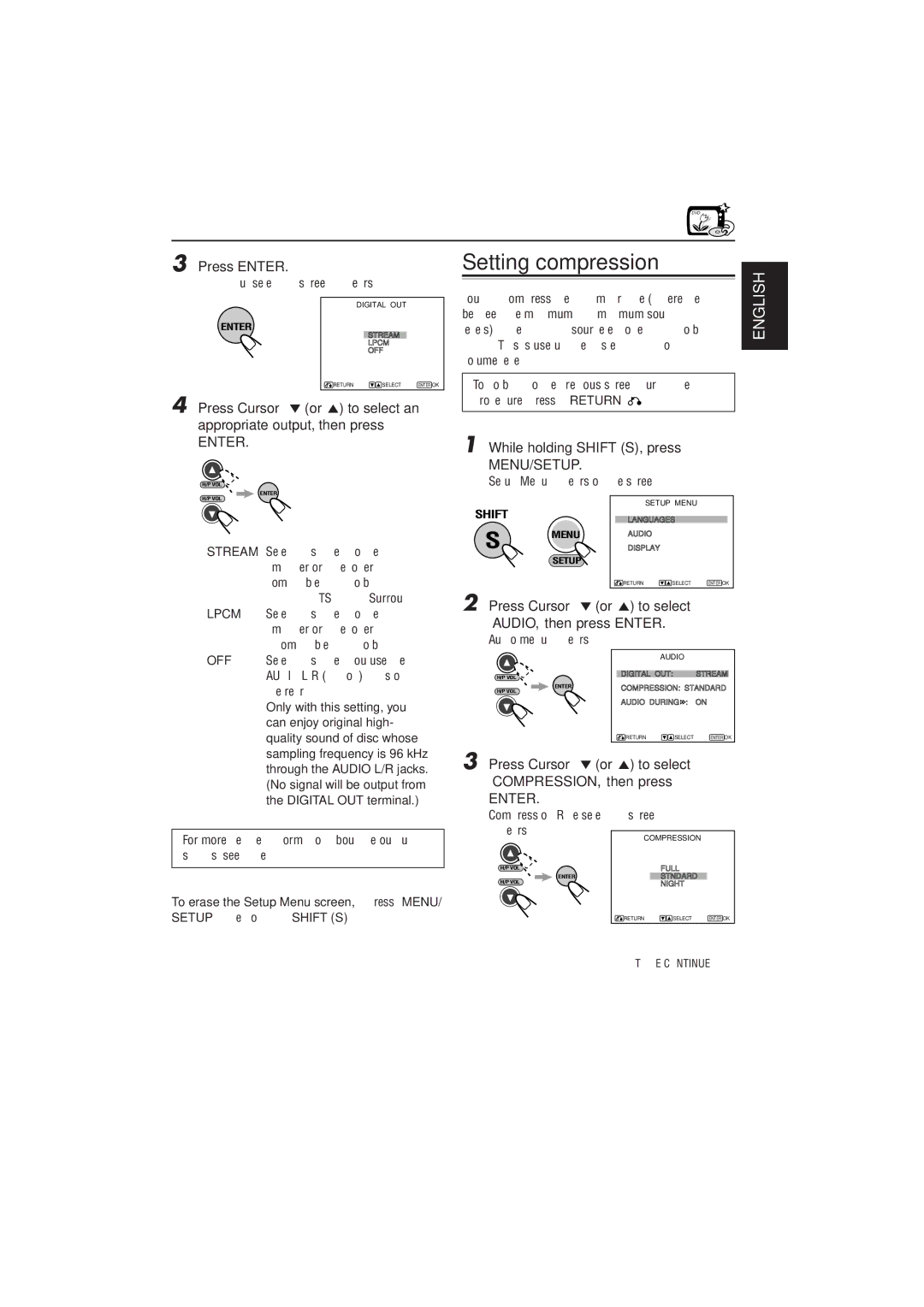 JVC KV-DV7 manual Setting compression, Press Cursor or 5 to select COMPRESSION, then press, Audio menu appears 