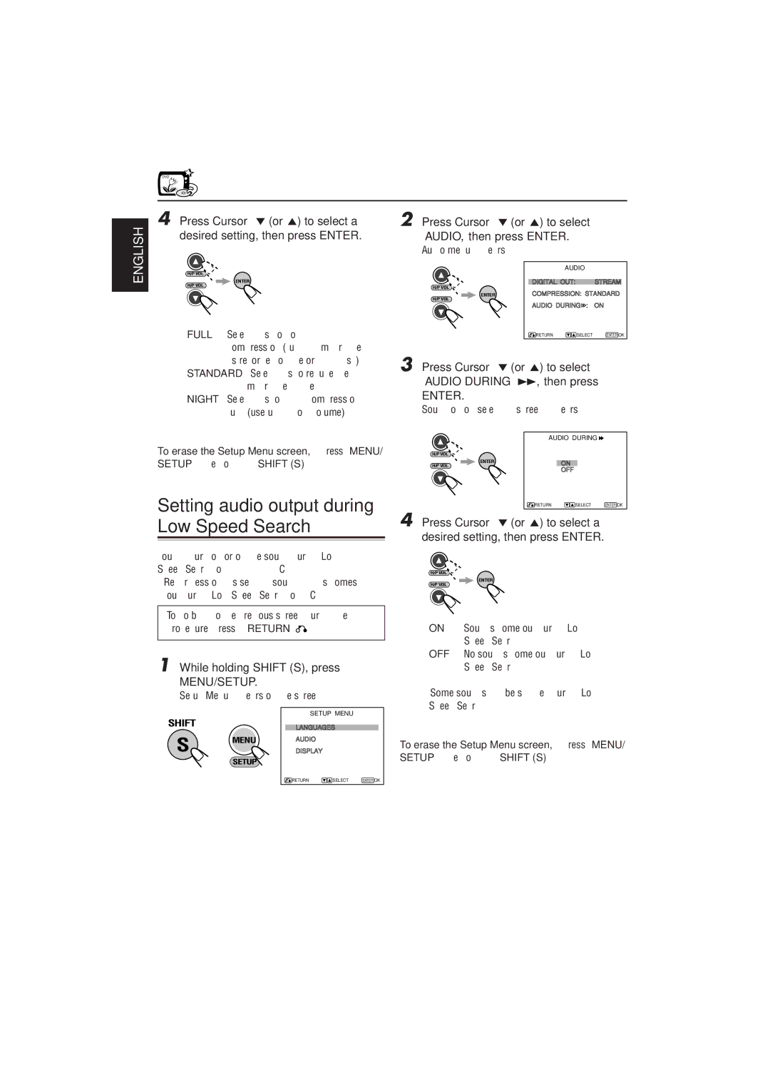 JVC KV-DV7 Press Cursor or 5 to select a, Desired setting, then press Enter, To erase the Setup Menu screen, press Menu 