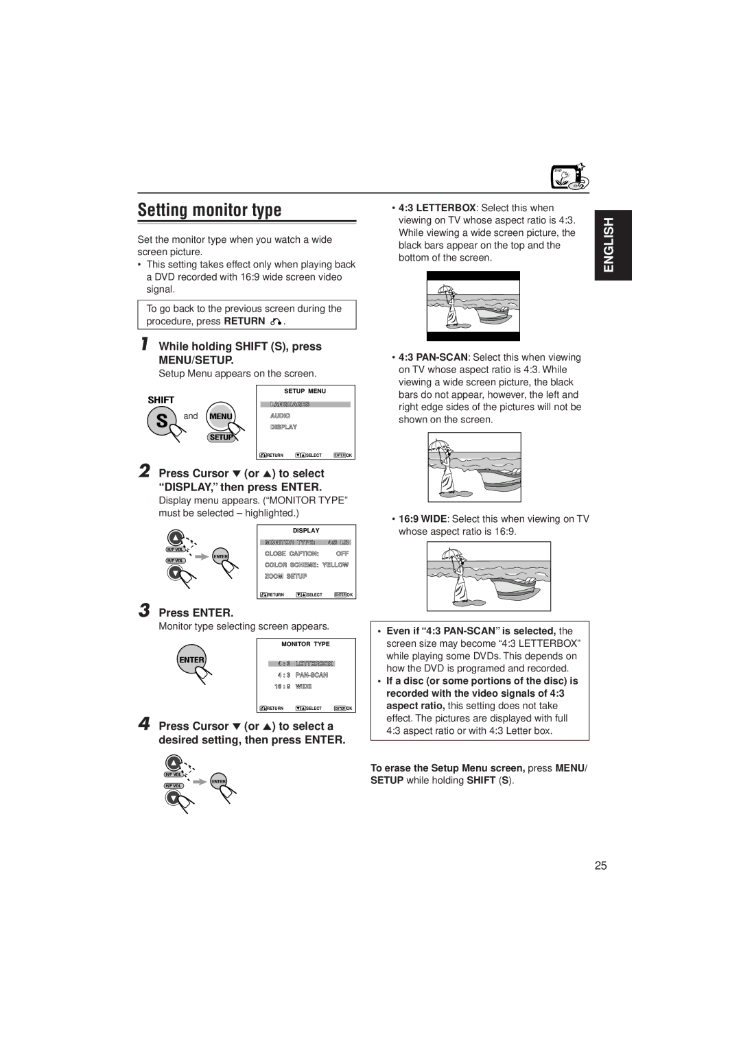 JVC KV-DV7 manual Setting monitor type, Press Cursor or 5 to select, While viewing a wide screen picture 