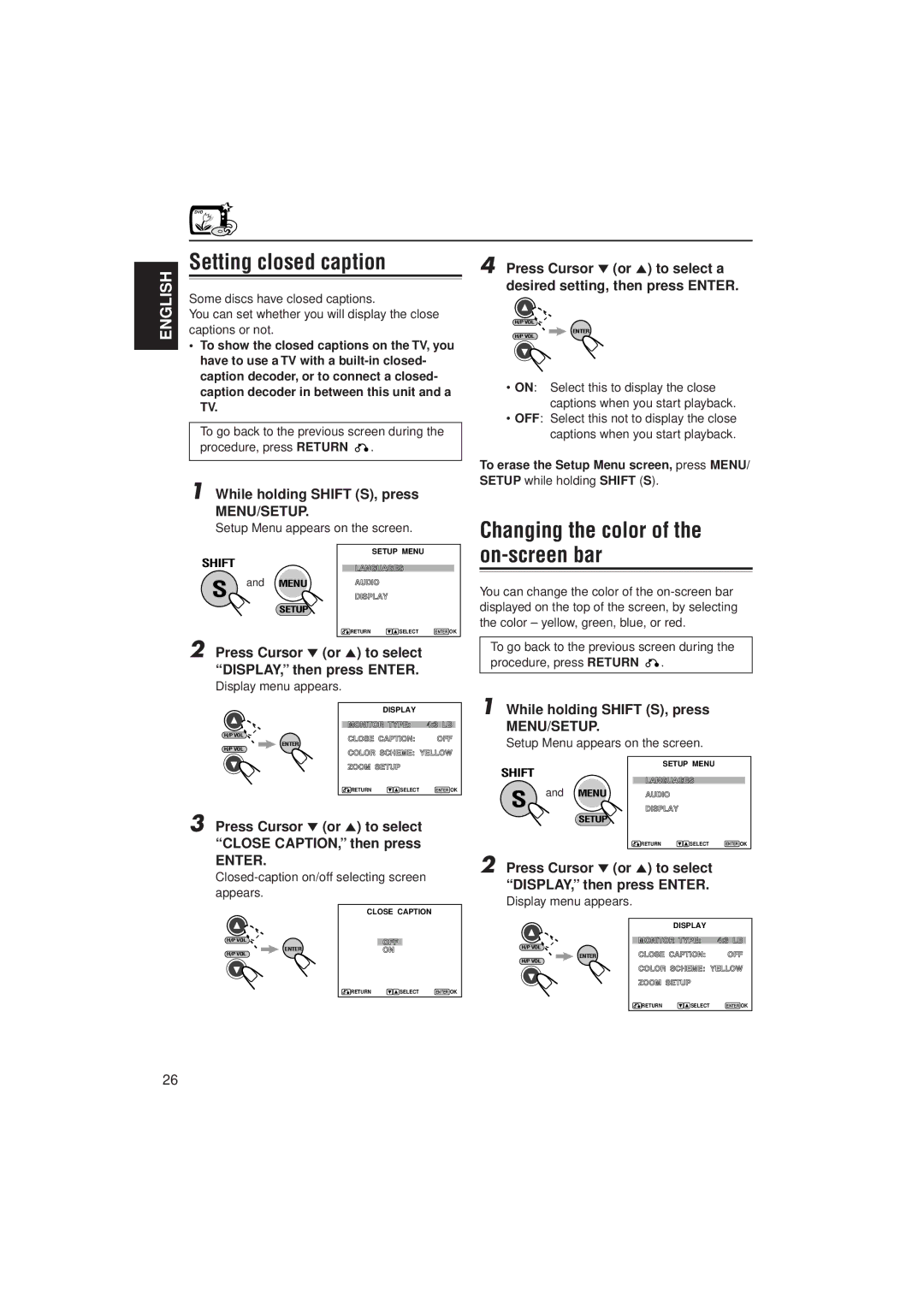 JVC KV-DV7 manual Setting closed caption, Changing the color of the on-screen bar, Display menu appears 