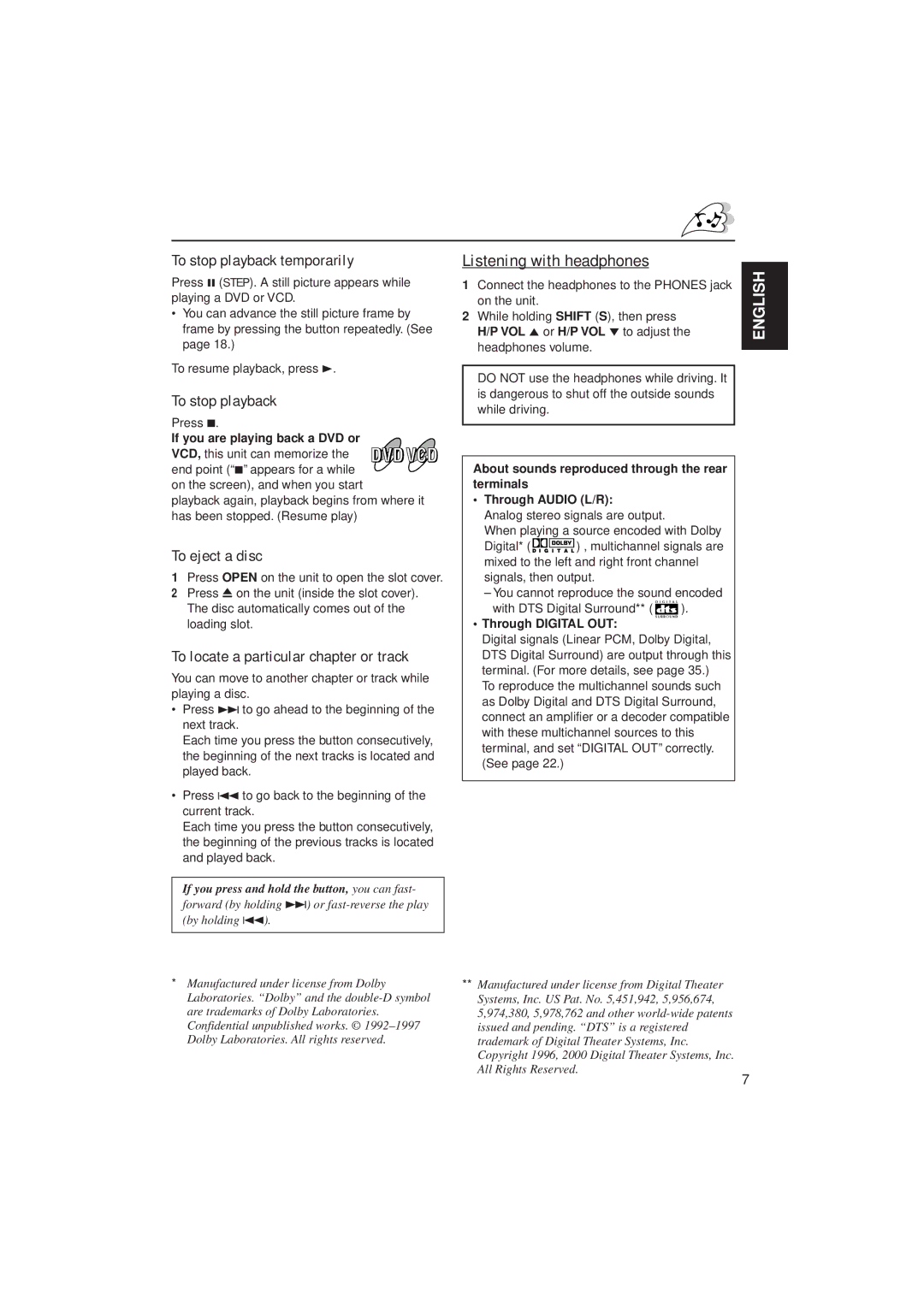 JVC KV-DV7 manual Listening with headphones, To stop playback temporarily, To eject a disc 