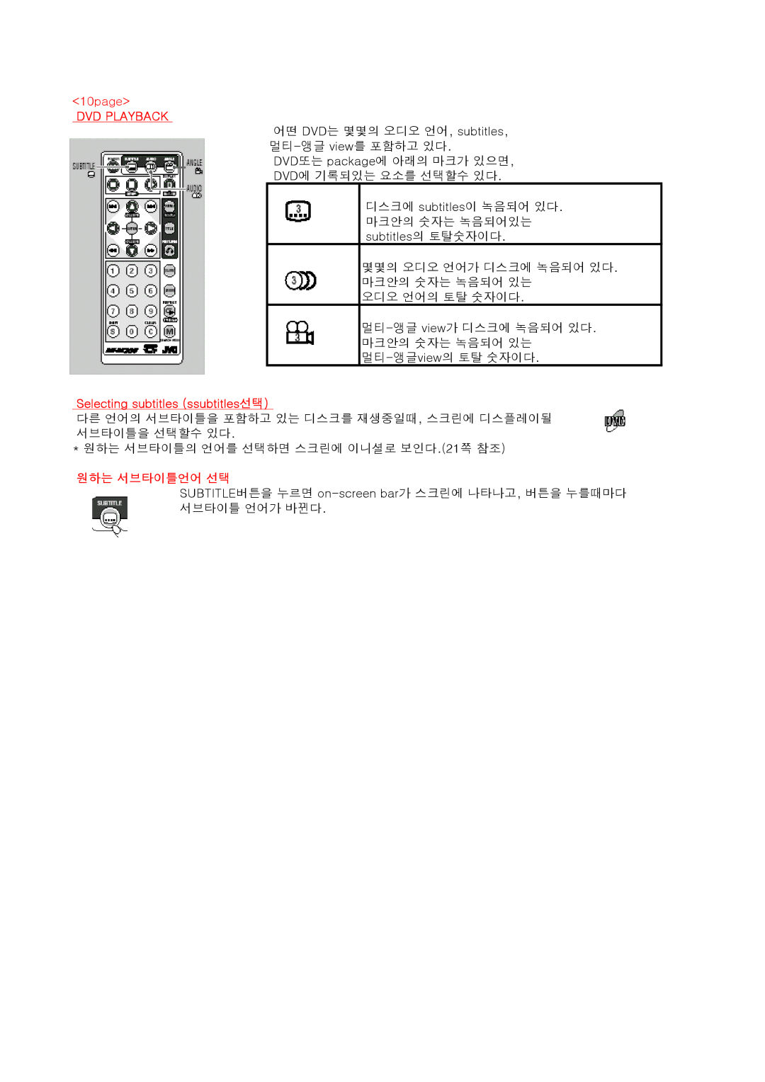 JVC KV-DV7 manual 10page, DVD Playback, Selecting subtitles ssubtitles선택, 원하는 서브타이틀언어 선택 