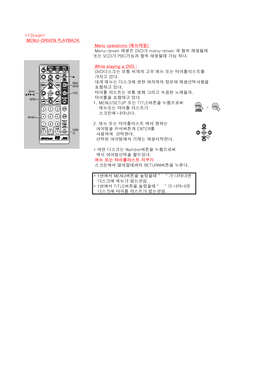 JVC KV-DV7 manual 12page, MENU-DRIVEN Playback, Menu operations 메뉴작동, While playing a DVD, 메뉴 또는 타이틀리스트 지우기 