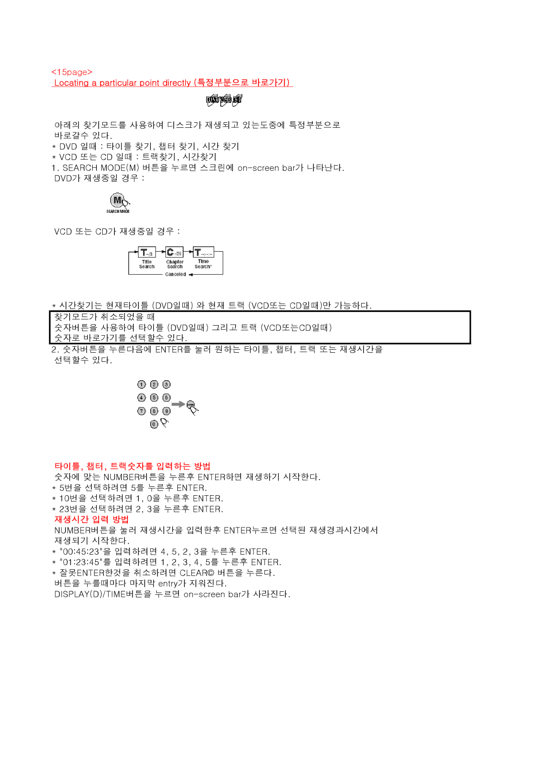 JVC KV-DV7 manual 15page, Locating a particular point directly 특정부분으로 바로가기, 타이틀, 챕터, 트랙숫자를 입력하는 방법, 재생시간 입력 방법 