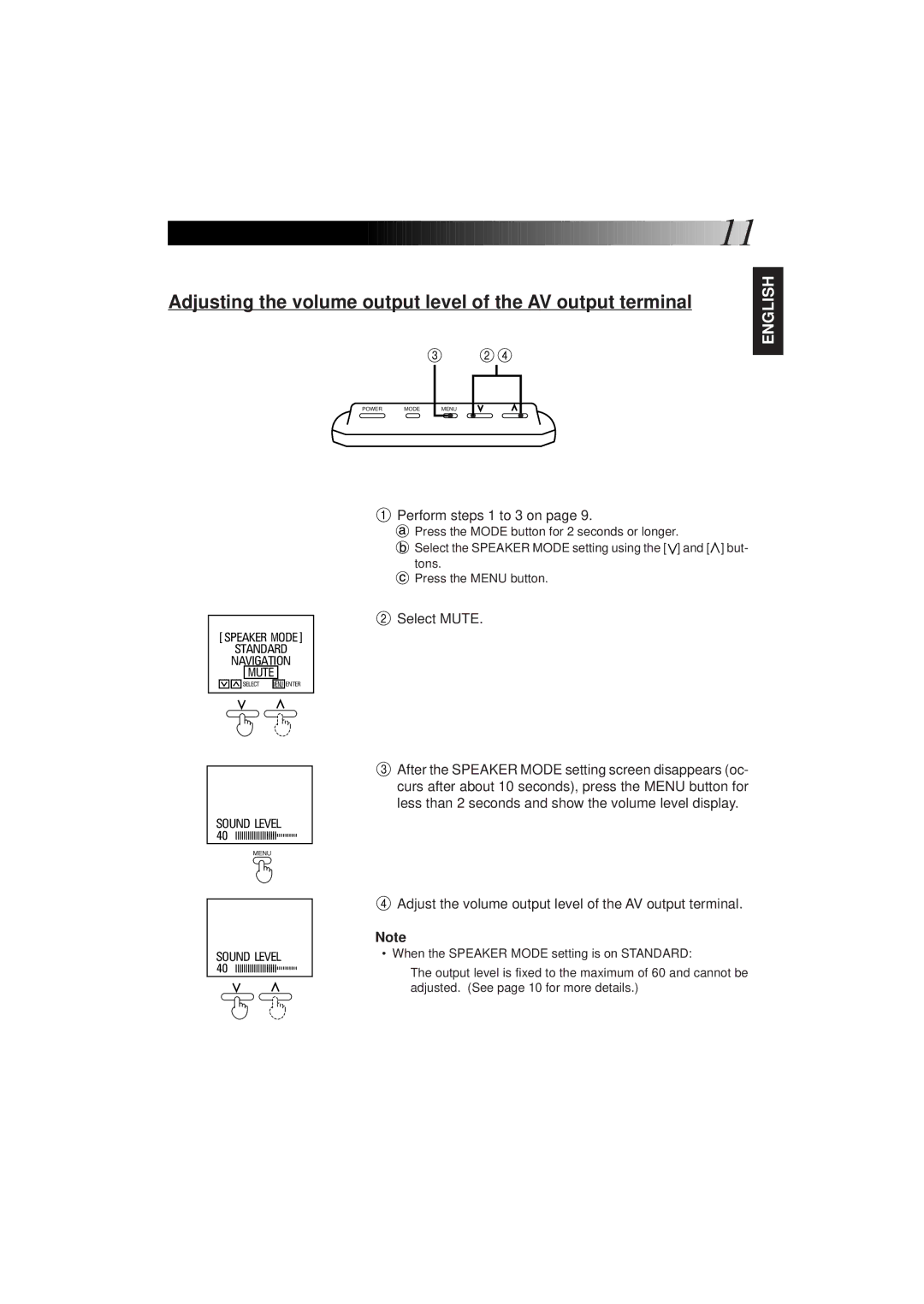 JVC KV-M65 manual Adjusting the volume output level of the AV output terminal, Perform steps 1 to 3 on, Select Mute 