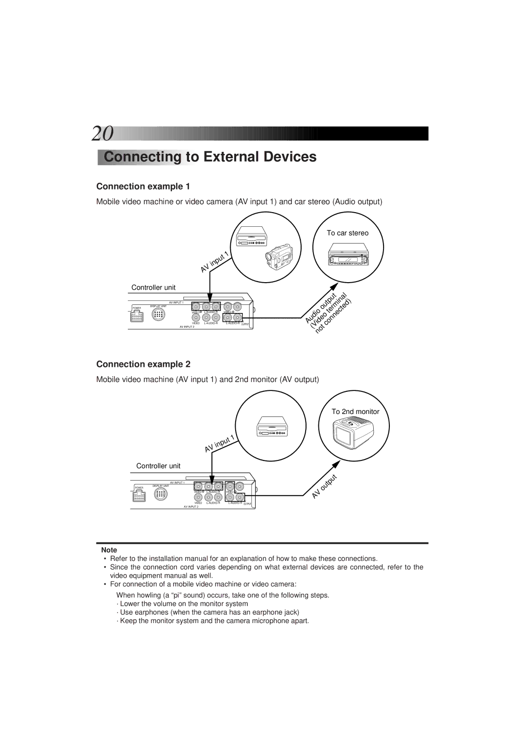 JVC KV-M65 Connecting to External Devices, Connection example, Mobile video machine AV input 1 and 2nd monitor AV output 