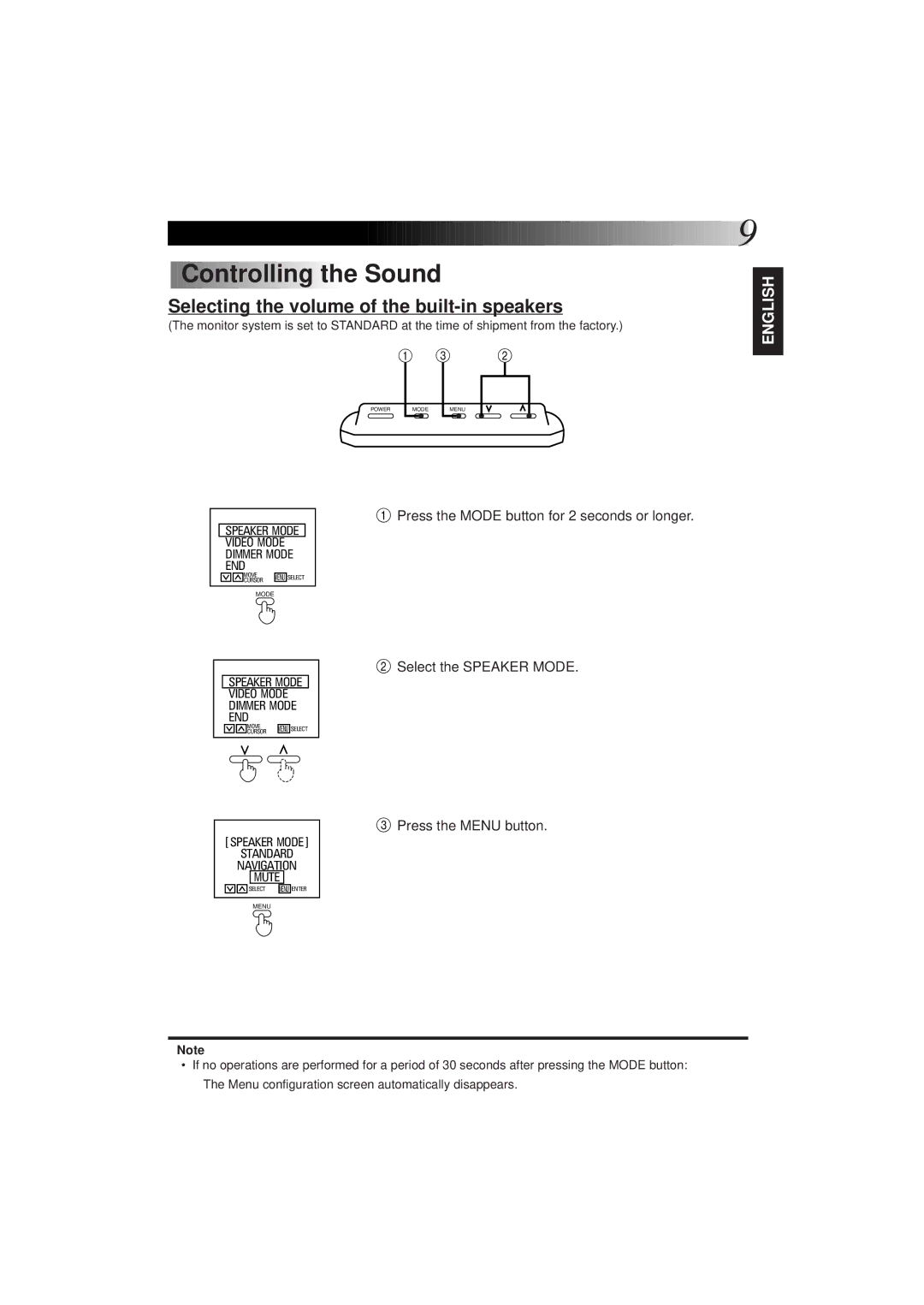 JVC KV-M65 manual Controlling the Sound, Selecting the volume of the built-in speakers, Select the Speaker Mode 