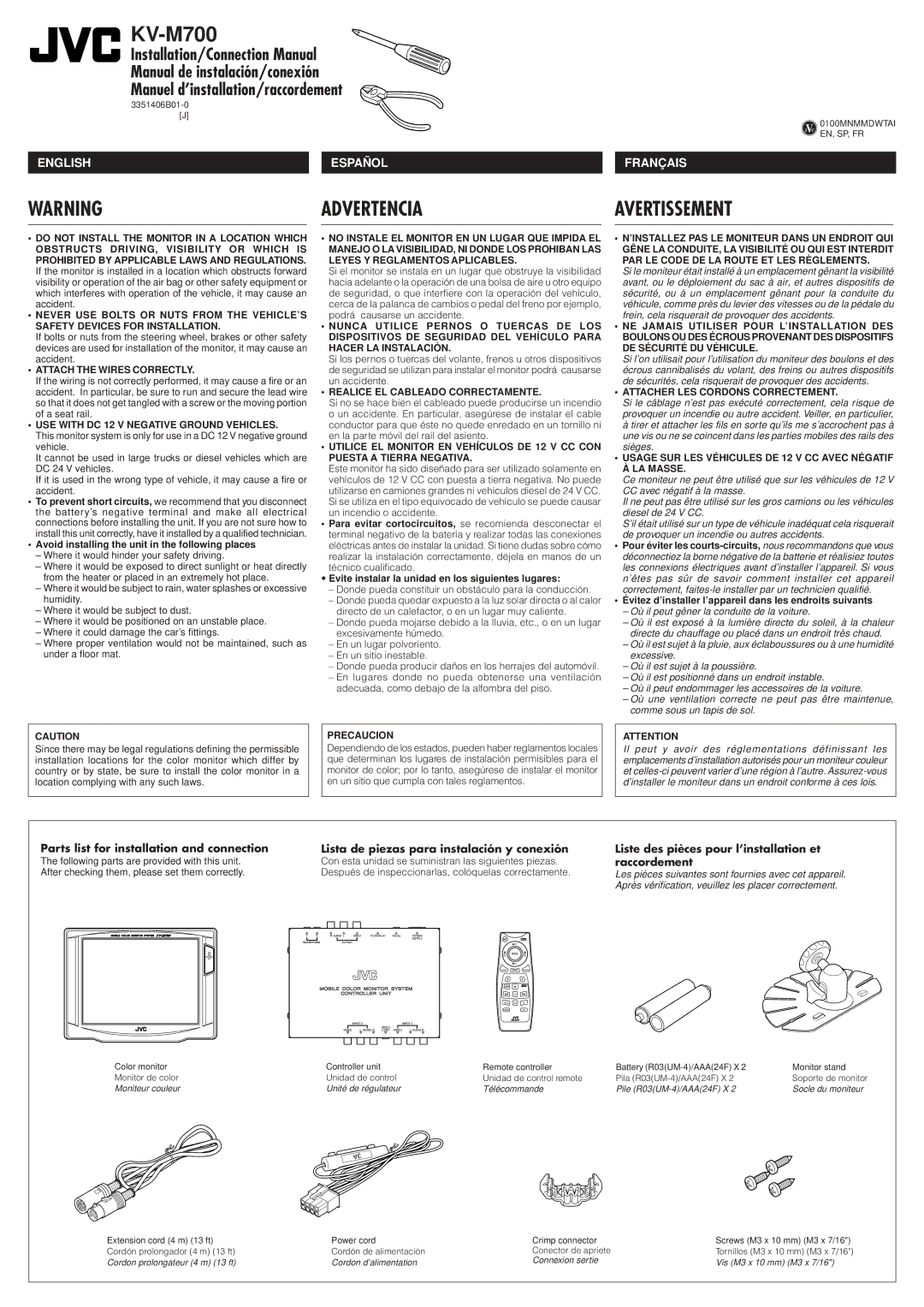 JVC KV-M700 manual Advertencia Avertissement, Liste des pièces pour l’installation et raccordement 