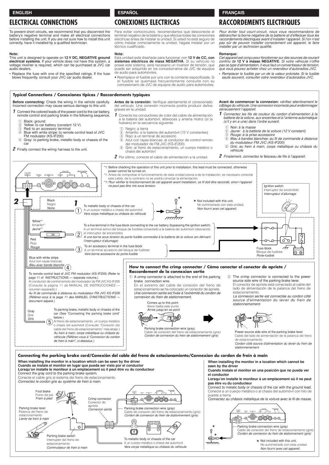 JVC KV-M700 manual Electrical Connections, Conexiones Electricas, Raccordement de la connexion sertie, Nota, Remarque 