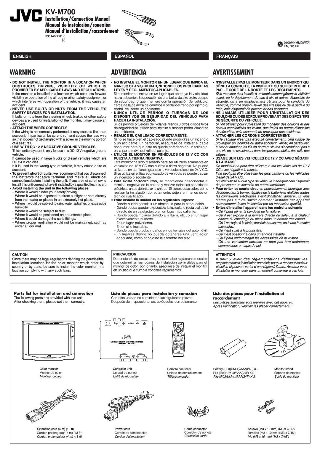 JVC KV-M700 manual Advertencia, Avertissement, Installation/Connection Manual Manual de instalación/conexión, English 