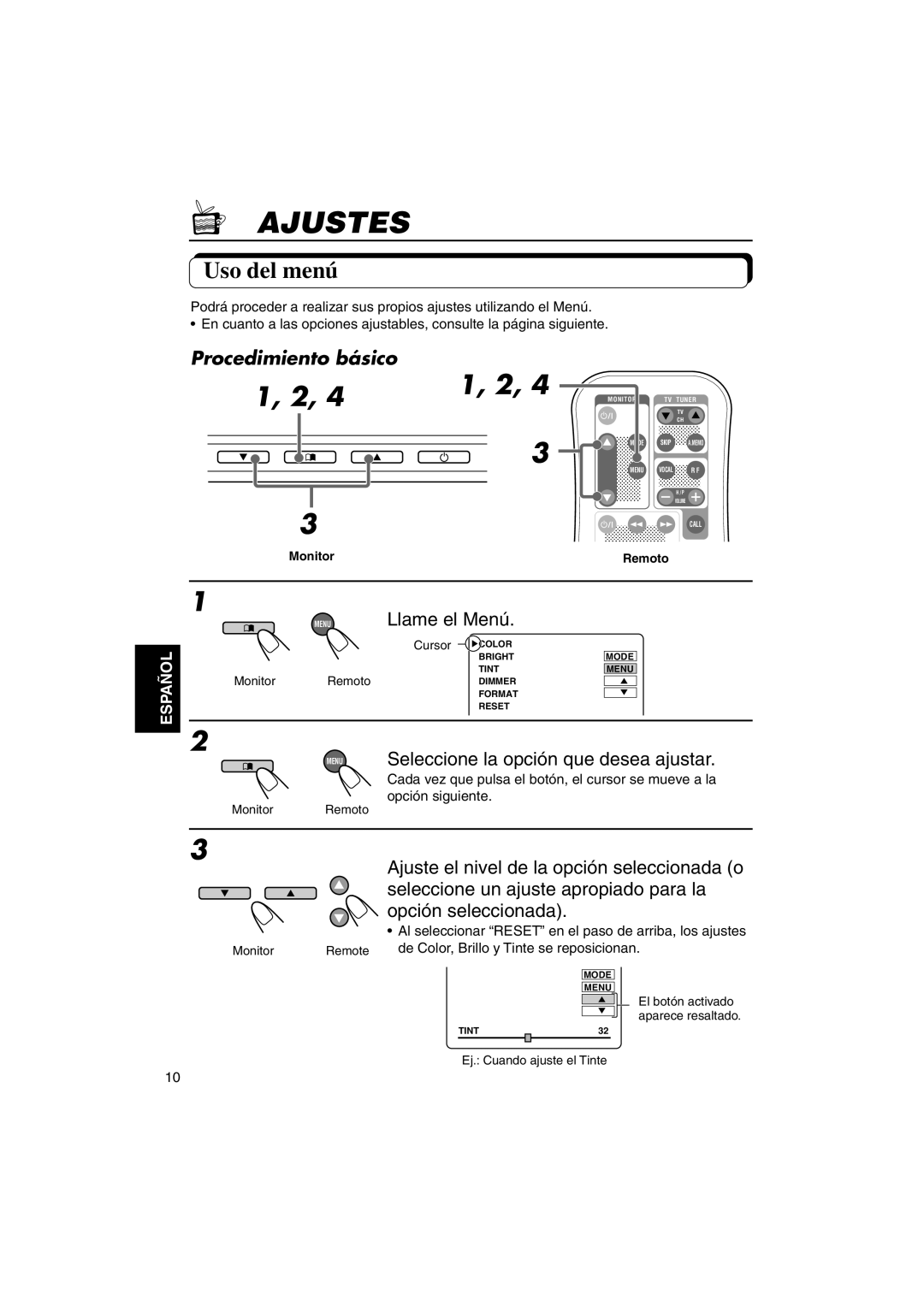 JVC KV-MH6500 manual Ajustes, Uso del menú, Procedimiento básico 